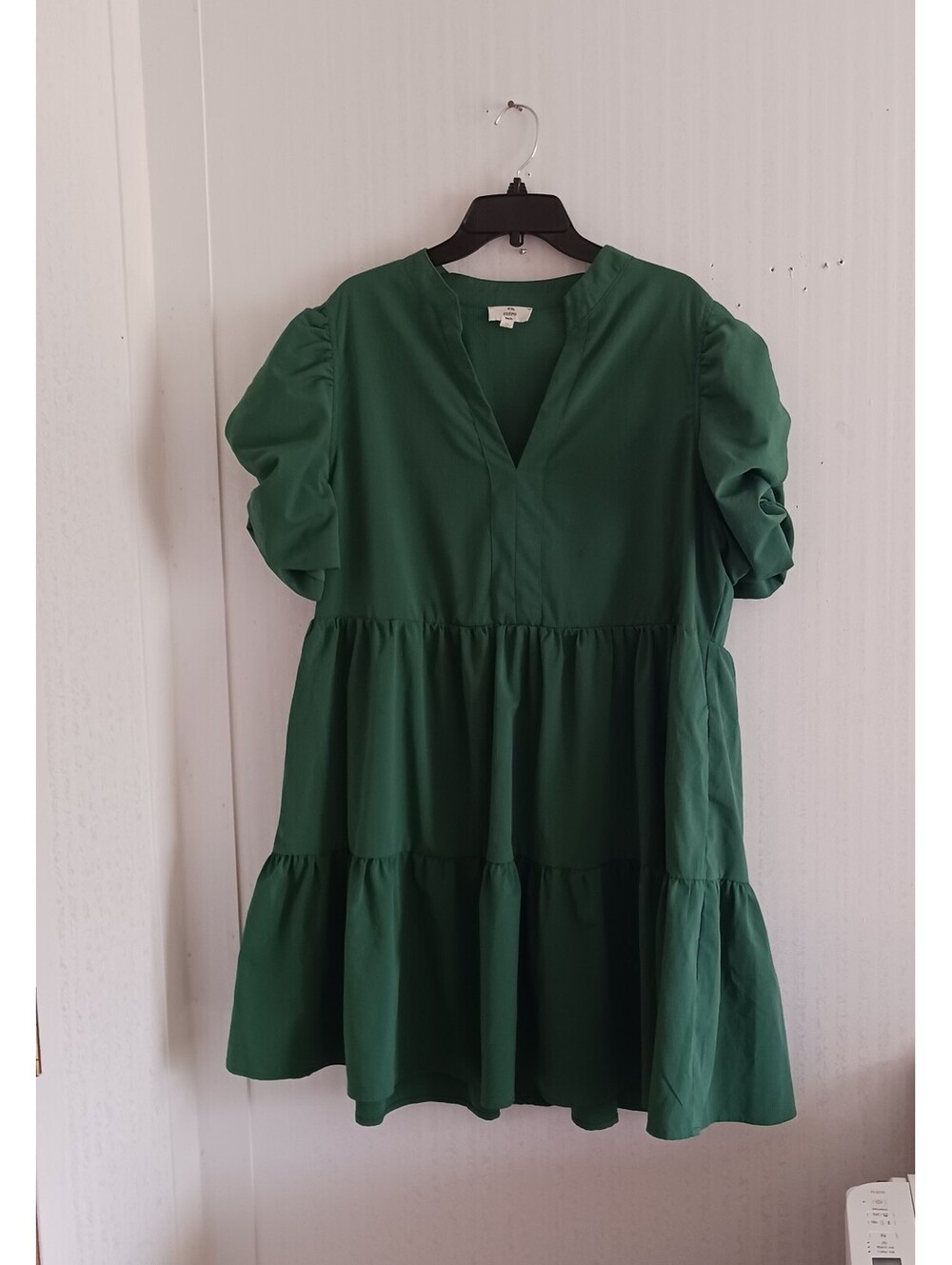 Green Puff Sleeve Tiered V-Neck Mini Dress  Forrest Green  XL